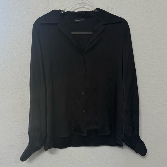 Anine Bing Mylah Silk Long Sleeve Button Down Shirt Black Size Small - Picture 3 of 7